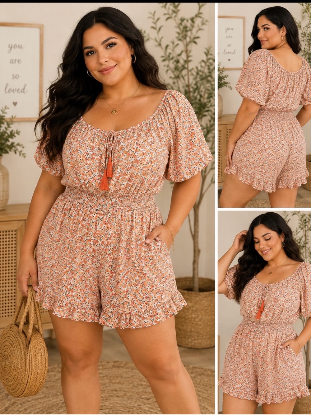 easel Peach Floral Smocked Waist Shorts Romper with pockets